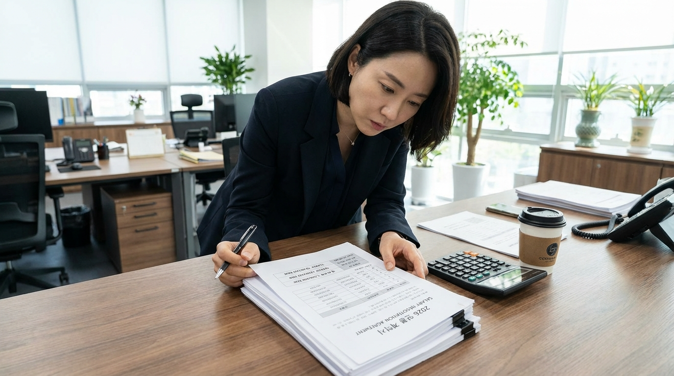 2026년 연봉 협상 계약서와 월 실수령액을 꼼꼼히 확인하는 직장인의 모습