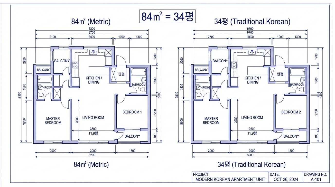 아파트 평면도와 전용면적 84제곱미터를 34평형으로 변환하여 비교하는 모습