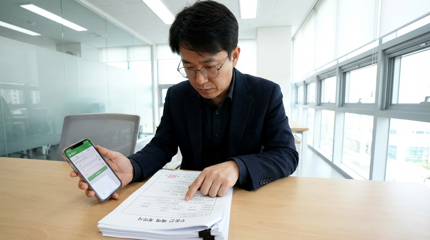 부동산 계약서의 공급면적과 전용면적을 스마트폰 평수 계산기로 직접 확인하는 직장인